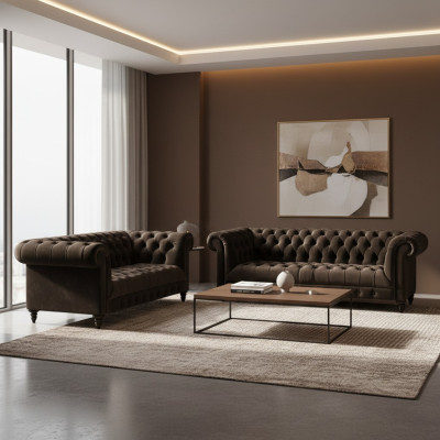 Braune Chesterfield Sitzmöbel Wohnzimmer 2-Sitzer Luxus Dreisitzer 2tlg