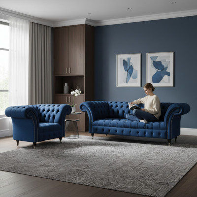 Blaue Chesterfield Garnitur Designer Dreisitzer Stoffsessel 2tlg Möbel