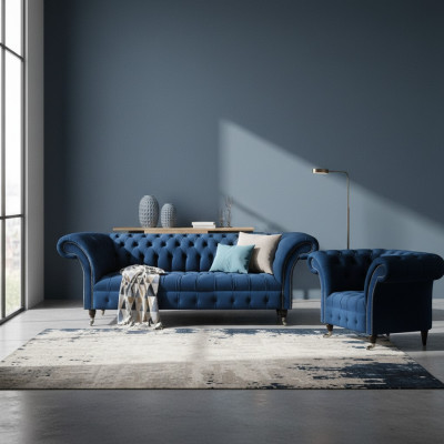 Blaue Chesterfield Garnitur Designer Dreisitzer Stoffsessel 2tlg Möbel