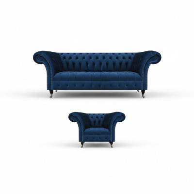 Blaue Chesterfield Garnitur Designer Dreisitzer Stoffsessel 2tlg Möbel