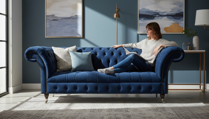 Dunkelblaue Chesterfield Wohnzimmer Couch Designer Dreisitzer Sitzmöbel