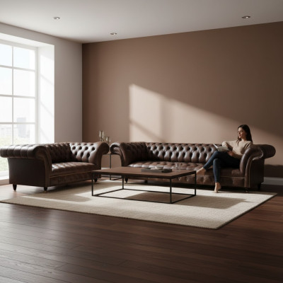 Braune Chesterfield Kunstleder Sofas Designer Wohnzimmer Couchen 2tlg