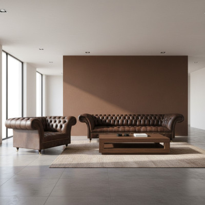 Braune Chesterfield Kunstleder Sofas Designer Wohnzimmer Couchen 2tlg