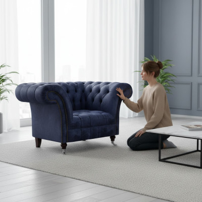 Dunkelblauer Chesterfield Einsitzer Wohnzimmer Textil Polstersessel Neu