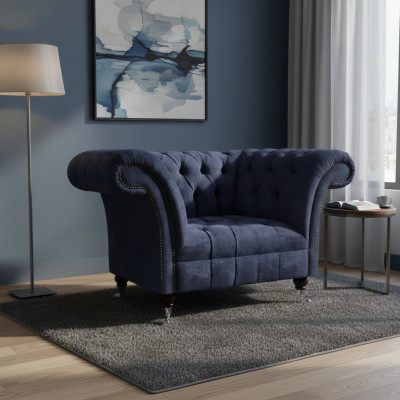 Dunkelblauer Chesterfield Einsitzer Wohnzimmer Textil Polstersessel Neu
