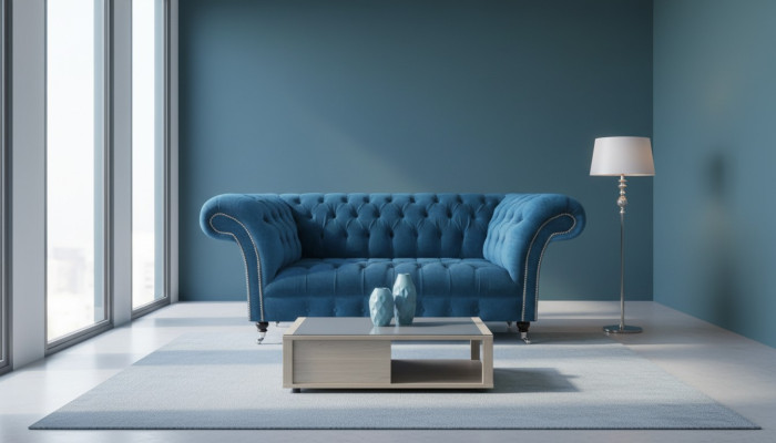 Blaue Chesterfield Luxus Couch Wohnzimmer Textilsitzer Edler Dreisitzer