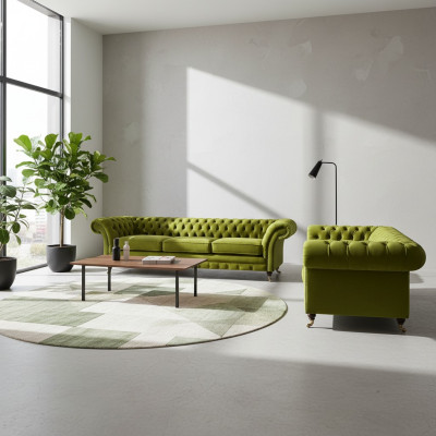 Olivengrüne Chesterfield Sofagarnitur Wohnzimmer Komplette Textil Möbel