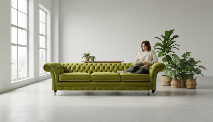 Chesterfield Olivengrüne Polstercouch Bettfunktion Couch Wohnzimmer Möbel