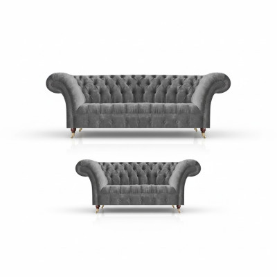 Wohnzimmer Graue Chesterfield Sofas Komplettes Set 3-Sitzer Zweisitzer