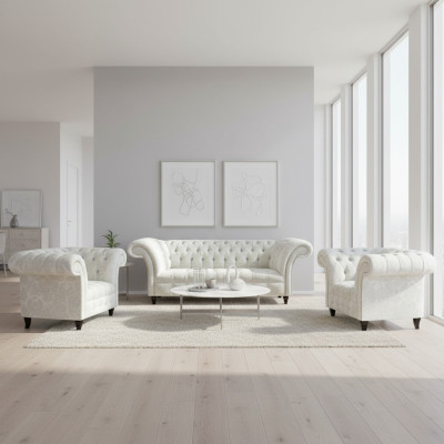 Weiße Chesterfield Sitzgarnitur 2x Designer Sessel Komplette Sitzmöbel