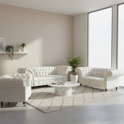 Weiße Chesterfield Textilsofas Wohnzimmer Sofagarnitur Designer Set 3tlg
