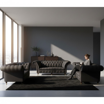 Chesterfield Schwarze Wohnzimmer Couchen Komplette Garnitur 3tlg Set