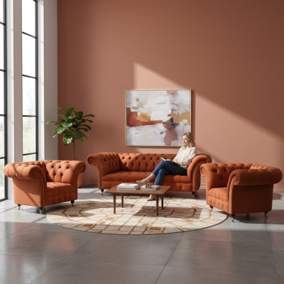 Wohnzimmer Braune Chesterfield Garnitur 2x Polstersessel 3-Sitzer 3tlg