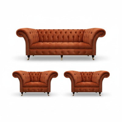 Wohnzimmer Braune Chesterfield Garnitur 2x Polstersessel 3-Sitzer 3tlg