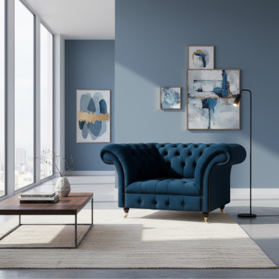Dunkelblauer Chesterfield Einsitzer Wohnzimmer Polster Designer Sessel