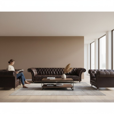 Luxus Braune Chesterfield Möbel Ledergarnitur Viersitzer Sessel 2-Sitzer