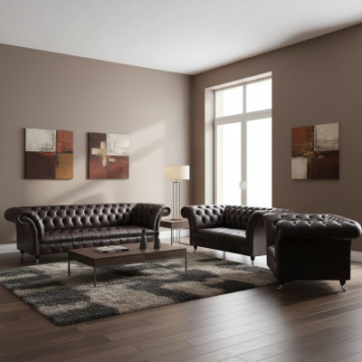 Luxus Braune Chesterfield Möbel Ledergarnitur Viersitzer Sessel 2-Sitzer