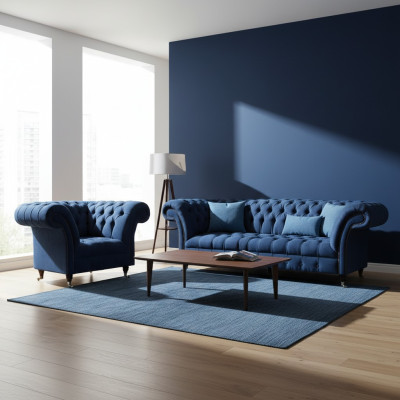 Dunkelblaue Wohnzimmer 3-Sitzer Couch Designer Lehnsessel Edler 2tlg Set