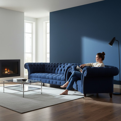 Blaue Sofagarnitur Chesterfield Textil Couchen Dreisitzer Zweisitzer 2tlg