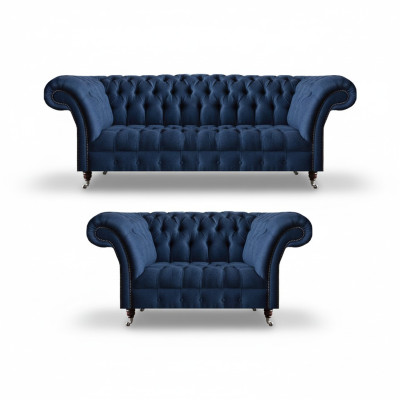 Blaue Sofagarnitur Chesterfield Textil Couchen Dreisitzer Zweisitzer 2tlg