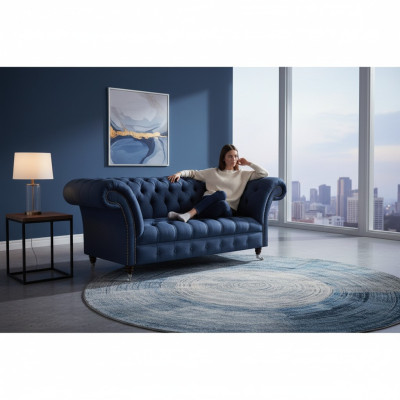 Eleganter Chesterfield Zweisitzer Blaues Textilsofa Wohnzimmer Couchen