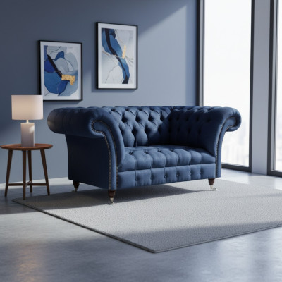 Eleganter Chesterfield Zweisitzer Blaues Textilsofa Wohnzimmer Couchen