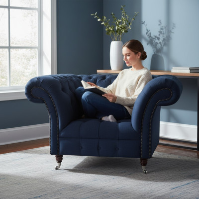 Blauer Chesterfield Lehnsessel Wohnzimmer 1-Sitzer Edle Luxus Sitzmöbel
