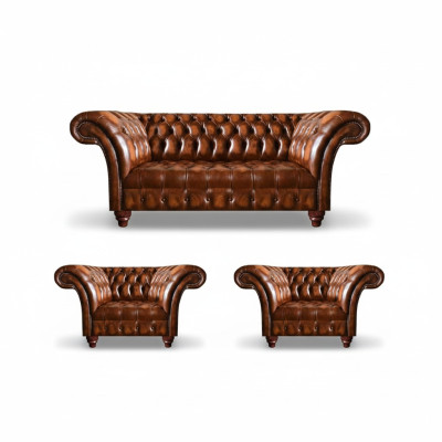 Braune Wohnzimmer Chesterfield Garnitur 2x Ledersessel Edler Dreisitzer
