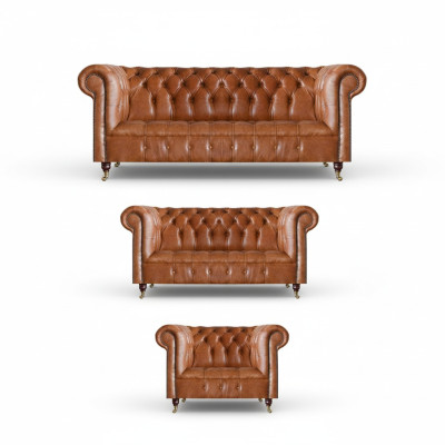 Braune Chesterfield Ledersofas Designer Wohnzimmer Couchen Möbel 3tlg