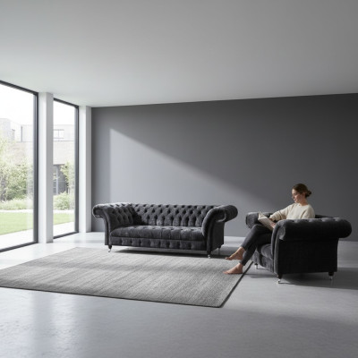 Chesterfield Polstermöbel Wohnzimmer Textil Dreisitzer Edler Sessel 2tlg