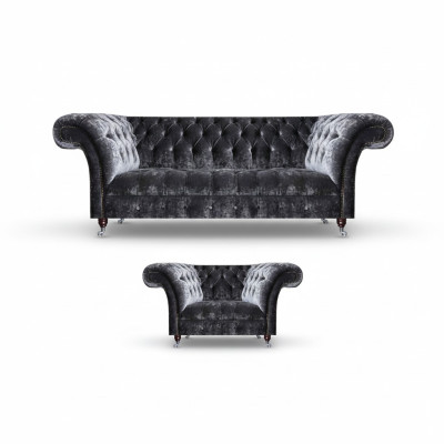 Chesterfield Polstermöbel Wohnzimmer Textil Dreisitzer Edler Sessel 2tlg