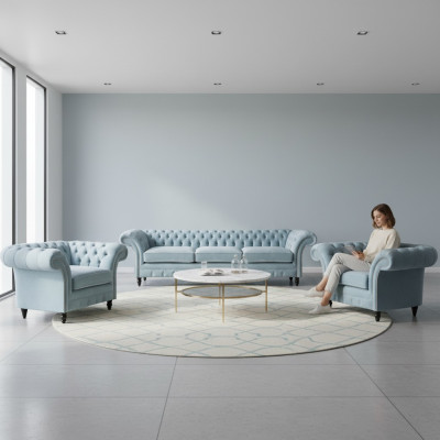 Chesterfield Polster Sitzmöbel Blaue Sofagarnitur 3-Sitzer 2x Sessel