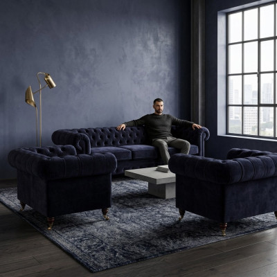Blaue Chesterfield Couchgarnitur Designer 3-Sitzer 2x Polstersessel 3tlg