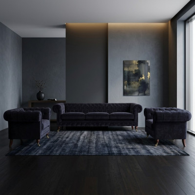 Blaue Chesterfield Couchgarnitur Designer 3-Sitzer 2x Polstersessel 3tlg