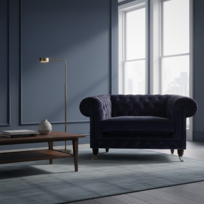 Dunkelblauer Chesterfield Sessel Wohnzimmer Designer Einsitzer Sitzmöbel