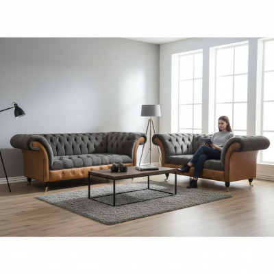 Hellgrau-Braune Chesterfield Sofa Set Edle Sitzmöbel Moderne Garnitur