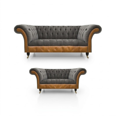 Hellgrau-Braune Chesterfield Sofa Set Edle Sitzmöbel Moderne Garnitur