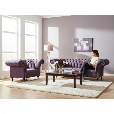 Chesterfield Lila Wohnzimmer Couchgarnitur Edler 3-Sitzer Textil Sessel