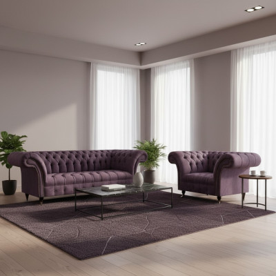 Chesterfield Lila Wohnzimmer Couchgarnitur Edler 3-Sitzer Textil Sessel