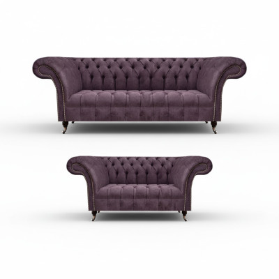 Komplette Chesterfield Lila Sitzgarnitur 2x Sofas Dreisitzer 2-Sitzer