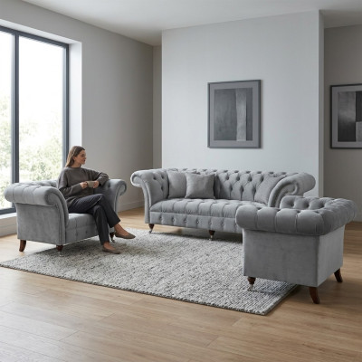 Hellgraue Chesterfield Sitzgarnitur Dreisitzer Einsitzer 2x Sessel 3tlg