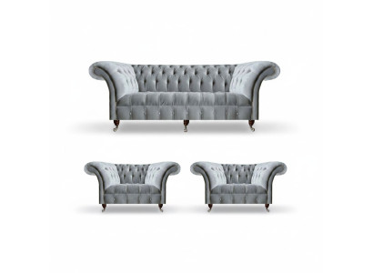 Hellgraue Chesterfield Sitzgarnitur Dreisitzer Einsitzer 2x Sessel 3tlg