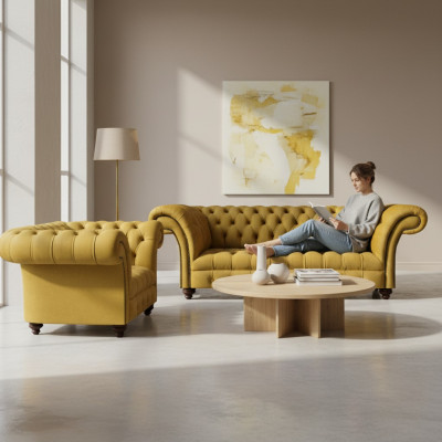 Designer Wohnzimmer Modern Gelb Sofagarnitur Set 2x Sofas Chesterfield