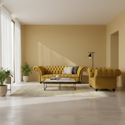 Designer Wohnzimmer Modern Gelb Sofagarnitur Set 2x Sofas Chesterfield