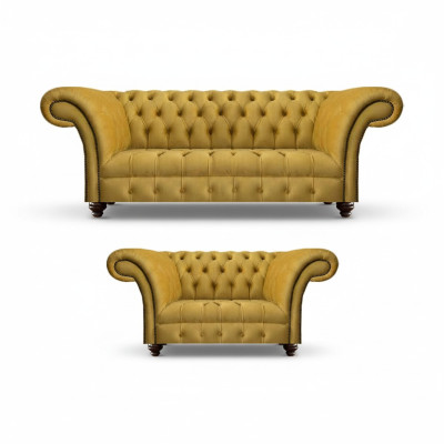 Designer Wohnzimmer Modern Gelb Sofagarnitur Set 2x Sofas Chesterfield