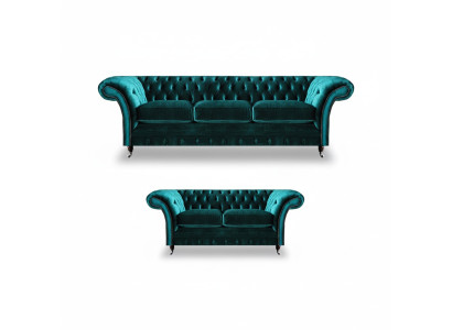 Grüne Chesterfield Polstersofas Wohnzimmer 2x Sofas Zweisitzer 3-Sitzer