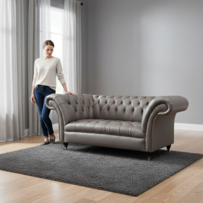 Grauer Chesterfield Zweisitzer Ledercouchen 2-Sitzer Polster Sitzmöbel
