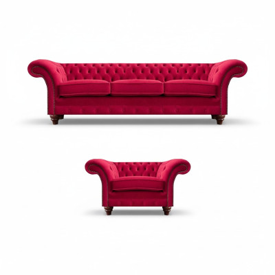 Chesterfield Rote Couchgarnitur Edler Textilsessel Polster Dreisitzer