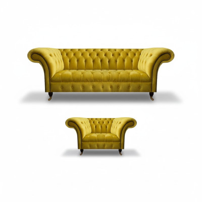 Moderne Gelbe Chesterfield Polstergarnitur Edler 3-Sitzer Textilsessel