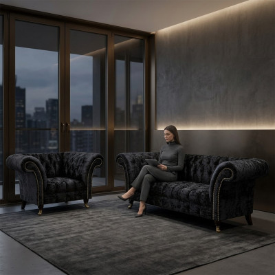 Chesterfield Schwarze Polstermöbel Designer Wohnzimmer Couch Sessel 2tlg